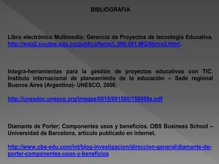 BIBLIOGRAFIA
Libro electrónico Multimedia; Gerencia de Proyectos de tecnología Educativa.
http://aula2.cvudes.edu.co/publico/lems/L.000.001.MG/librov2.html.
Integra-herramientas para la gestión de proyectos educativos con TIC.
Instituto internacional de planeamiento de la educación – Sede regional
Buenos Aires (Argentina)- UNESCO, 2006.
http://unesdoc.unesco.org/images/0015/001580/158068s.pdf
Diamante de Porter; Componentes usos y beneficios. OBS Business School –
Universidad de Barcelona, artículo publicado en internet.
http://www.obs-edu.com/int/blog-investigacion/direccion-general/diamante-de-
porter-componentes-usos-y-beneficios
 