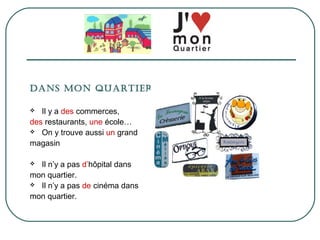 Dans Mon quartier…
Il y a des commerces,
des restaurants, une école…
On y trouve aussi un grand
magasin
Il n’y a pas d’hôpital dans
mon quartier.
Il n’y a pas de cinéma dans
mon quartier.