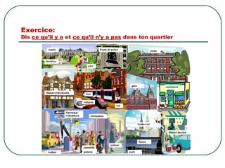 Exercice:
Dis ce qu’il y a et ce qu’il n’y a pas dans ton quartier