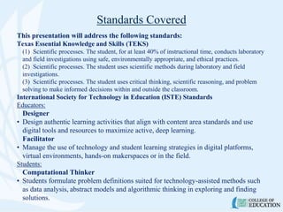Standards Covered
This presentation will address the following standards:
Texas Essential Knowledge and Skills (TEKS)
(1) Scientific processes. The student, for at least 40% of instructional time, conducts laboratory
and field investigations using safe, environmentally appropriate, and ethical practices.
(2) Scientific processes. The student uses scientific methods during laboratory and field
investigations.
(3) Scientific processes. The student uses critical thinking, scientific reasoning, and problem
solving to make informed decisions within and outside the classroom.
International Society for Technology in Education (ISTE) Standards
Educators:
Designer
• Design authentic learning activities that align with content area standards and use
digital tools and resources to maximize active, deep learning.
Facilitator
• Manage the use of technology and student learning strategies in digital platforms,
virtual environments, hands-on makerspaces or in the field.
Students:
Computational Thinker
• Students formulate problem definitions suited for technology-assisted methods such
as data analysis, abstract models and algorithmic thinking in exploring and finding
solutions.
 