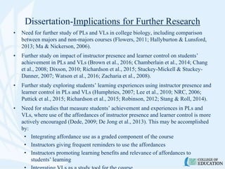 Dissertation-Implications for Further Research
• Need for further study of PLs and VLs in college biology, including comparison
between majors and non-majors courses (Flowers, 2011; Hallyburton & Lunsford,
2013; Ma & Nickerson, 2006).
• Further study on impact of instructor presence and learner control on students’
achievement in PLs and VLs (Brown et al., 2016; Chamberlain et al., 2014; Chang
et al., 2008; Dixson, 2010; Richardson et al., 2015; Stuckey-Mickell & Stuckey-
Danner, 2007; Watson et al., 2016; Zacharia et al., 2008).
• Further study exploring students’ learning experiences using instructor presence and
learner control in PLs and VLs (Humphries, 2007; Lee et al., 2010; NRC, 2006;
Puttick et al., 2015; Richardson et al., 2015; Robinson, 2012; Stang & Roll, 2014).
• Need for studies that measure students’ achievement and experiences in PLs and
VLs, where use of the affordances of instructor presence and learner control is more
actively encouraged (Dede, 2009; De Jong et al., 2013). This may be accomplished
by:
• Integrating affordance use as a graded component of the course
• Instructors giving frequent reminders to use the affordances
• Instructors promoting learning benefits and relevance of affordances to
students’ learning
 