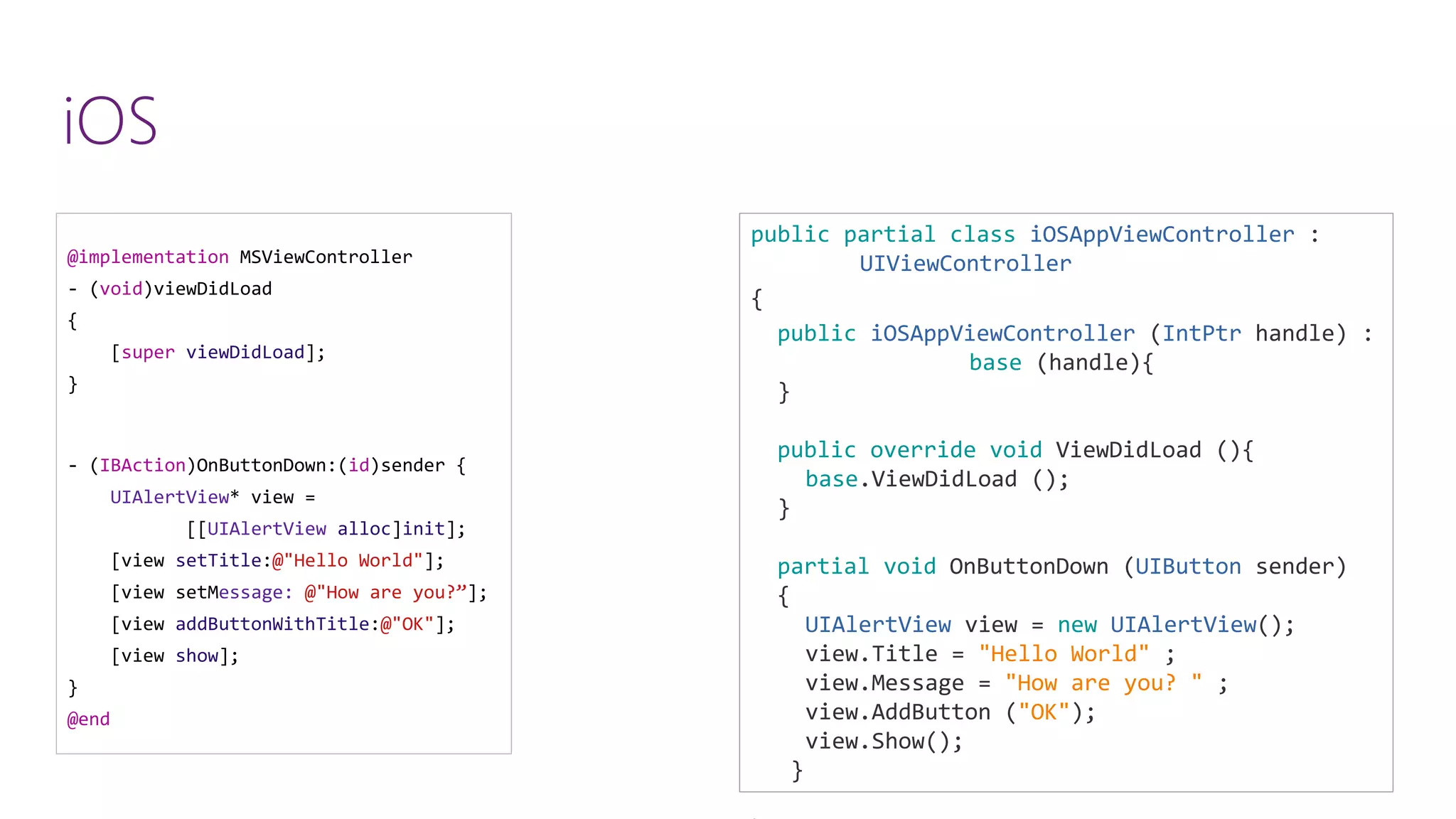 @implementationMSViewController -(void)viewDidLoad { [superviewDidLoad]; } -(IBAction)OnButtonDown:(id)sender { UIAlertView* view = [[UIAlertViewalloc]init]; [view setTitle:@"Hello World"]; [view setMessage:@"How are you?”]; [view addButtonWithTitle:@"OK"]; [view show]; } @end publicpartialclassiOSAppViewController: UIViewController { publiciOSAppViewController(IntPtrhandle) : base(handle){ } publicoverridevoidViewDidLoad(){ base.ViewDidLoad(); } partialvoidOnButtonDown(UIButtonsender) { UIAlertViewview = newUIAlertView(); view.Title= "Hello World"; view.Message= "How are you? "; view.AddButton("OK"); view.Show(); } } iOS 