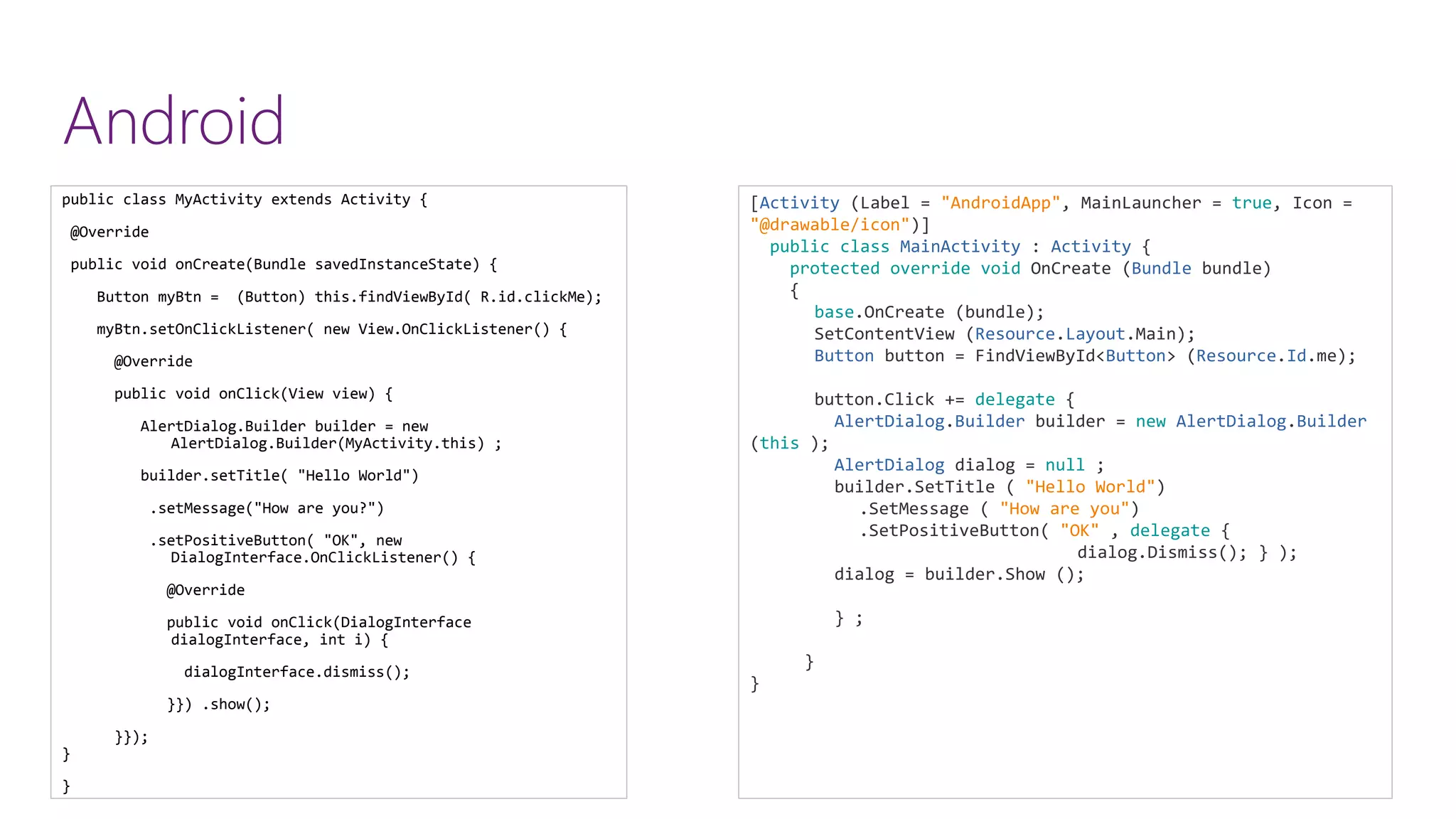 public class MyActivityextends Activity { @Override public void onCreate(Bundle savedInstanceState) { Button myBtn= (Button) this.findViewById( R.id.clickMe); myBtn.setOnClickListener( new View.OnClickListener() { @Override public void onClick(View view) { AlertDialog.Builderbuilder = new AlertDialog.Builder(MyActivity.this) ; builder.setTitle( "Hello World") .setMessage("How are you?") .setPositiveButton( "OK", new DialogInterface.OnClickListener() { @Override public void onClick(DialogInterfacedialogInterface, inti) { dialogInterface.dismiss(); }}) .show(); }}); } } [Activity(Label = "AndroidApp", MainLauncher= true, Icon = "@drawable/icon")] publicclassMainActivity: Activity { protectedoverridevoidOnCreate(Bundlebundle) { base.OnCreate(bundle); SetContentView(Resource.Layout.Main); Buttonbutton= FindViewById<Button> (Resource.Id.me); button.Click+= delegate{ AlertDialog.Builderbuilder = newAlertDialog.Builder(this); AlertDialogdialog = null; builder.SetTitle( "Hello World") .SetMessage( "How are you") .SetPositiveButton( "OK", delegate{ dialog.Dismiss(); } ); dialog = builder.Show(); } ; } } Android 