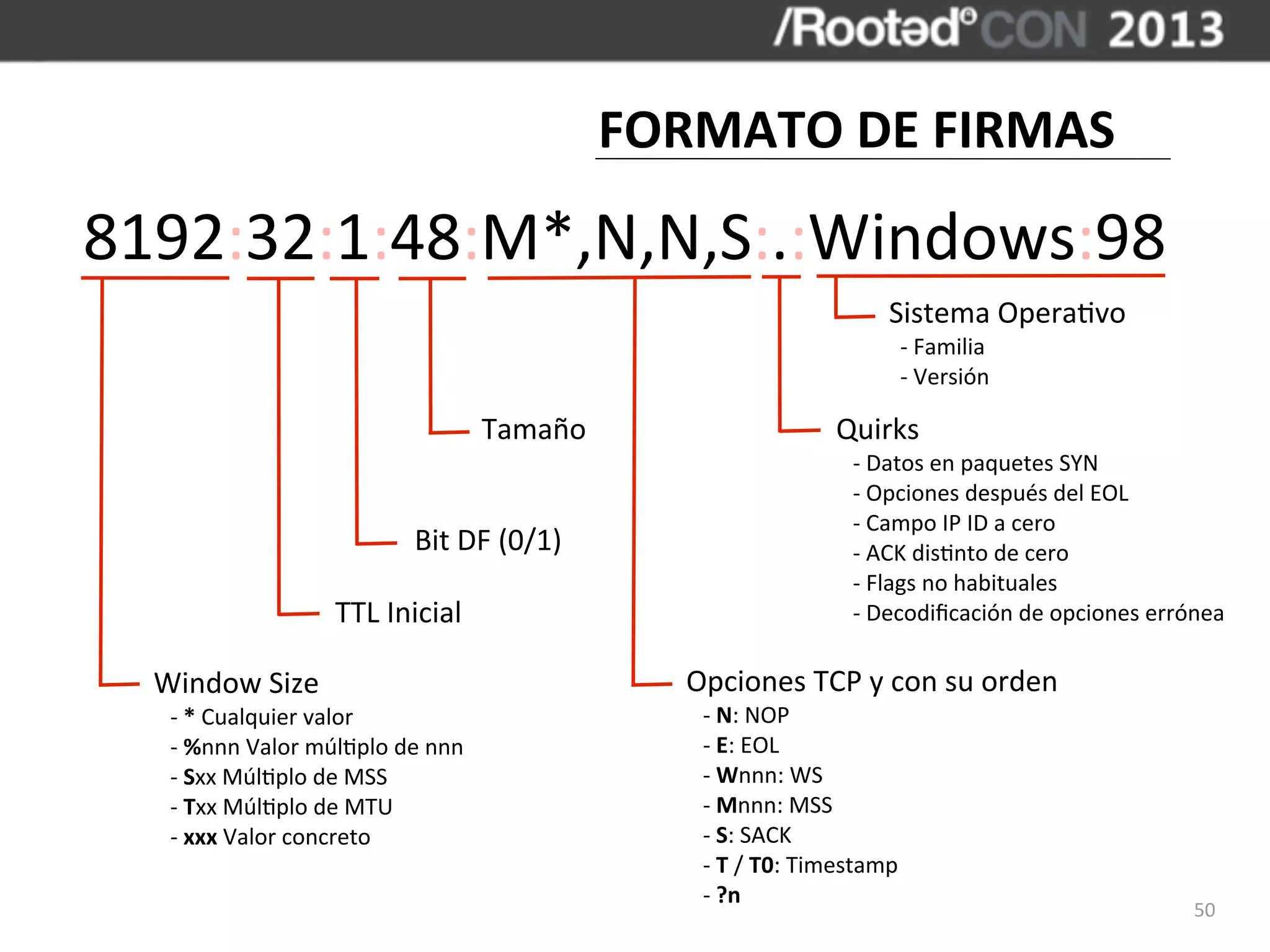 FORMATO	
  DE	
  FIRMAS
8192:32:1:48:M*,N,N,S:.:Windows:98
                                                                                                                         Sistema	
  Opera,vo
                                                                                                                         	
  	
  -­‐	
  Familia
                                                                                                                         	
  	
  -­‐	
  Versión

                                                             Tamaño                                         Quirks
                                                                                                            	
  	
  	
  -­‐	
  Datos	
  en	
  paquetes	
  SYN	
  
                                                                                                            	
  	
  	
  -­‐	
  Opciones	
  después	
  del	
  EOL
                                                                                                            	
  	
  	
  -­‐	
  Campo	
  IP	
  ID	
  a	
  cero
                                                 Bit	
  DF	
  (0/1)                                         	
  	
  	
  -­‐	
  ACK	
  dis,nto	
  de	
  cero
                                                                                                            	
  	
  	
  -­‐	
  Flags	
  no	
  habituales
                                  TTL	
  Inicial                                                            	
  	
  	
  -­‐	
  Decodiﬁcación	
  de	
  opciones	
  errónea

  Window	
  Size                                                         Opciones	
  TCP	
  y	
  con	
  su	
  orden
  	
  	
  	
  -­‐	
  *	
  Cualquier	
  valor                             	
  	
  	
  -­‐	
  N:	
  NOP
  	
  	
  	
  -­‐	
  %nnn	
  Valor	
  múl,plo	
  de	
  nnn               	
  	
  	
  -­‐	
  E:	
  EOL
  	
  	
  	
  -­‐	
  Sxx	
  Múl,plo	
  de	
  MSS                         	
  	
  	
  -­‐	
  Wnnn:	
  WS
  	
  	
  	
  -­‐	
  Txx	
  Múl,plo	
  de	
  MTU                         	
  	
  	
  -­‐	
  Mnnn:	
  MSS
  	
  	
  	
  -­‐	
  xxx	
  Valor	
  concreto                            	
  	
  	
  -­‐	
  S:	
  SACK
                                                                         	
  	
  	
  -­‐	
  T	
  /	
  T0:	
  Timestamp	
  	
  
                                                                         	
  	
  	
  -­‐	
  ?n
                                                                                                                                                                    50
 