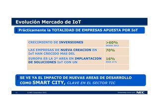 11 © NEC Corporation 2015
Evolución Mercado de IoT
CRECIMIENTO DE INVERSIONES >60%
DESDE 2012
LAS EMPRESAS DE NUEVA CREACI...