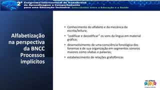 Alfabetização
na perspectiva
da BNCC
Processos
implícitos
• Conhecimento do alfabeto e da mecânica da
escrita/leitura;
• “codificar e decodificar” os sons da língua em material
gráfico;
• desenvolvimento de uma consciência fonológica dos
fonemas e de sua organização em segmentos sonoros
maiores como sílabas e palavras;
• estabelecimento de relações grafofônicas
 