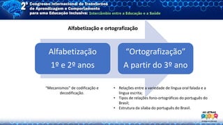 Alfabetização e ortografização
Alfabetização
1º e 2º anos
“Ortografização”
A partir do 3º ano
• Relações entre a variedade de língua oral falada e a
língua escrita;
• Tipos de relações fono-ortográficas do português do
Brasil;
• Estrutura da sílaba do português do Brasil.
“Mecanismos” de codificação e
decodificação.
 