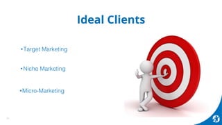 Ideal Clients
24
• Demographic Information!
• Lifestyles !
• Industries!
• Hobbies!
 