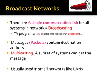 There are  A single communication link  for all systems in network =  Broadcasting TV programs:  IRI B  (Islamic Republic of Iran  Broadcast ), … Messages ( Packets ) contain destination address  Multicasting : A subset of systems can get the message Usually used in small networks like LANs 