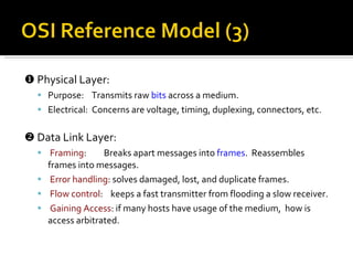    Physical Layer: Purpose:  Transmits raw  bits  across a medium. Electrical:  Concerns are voltage, timing, duplexing, connectors, etc.    Data Link Layer: Framing :  Breaks apart messages into  frames .  Reassembles frames into messages.  Error handling : solves damaged, lost, and duplicate frames. Flow control :  keeps a fast transmitter from flooding a slow receiver. Gaining Access : if many hosts have usage of the medium,  how is access arbitrated. 