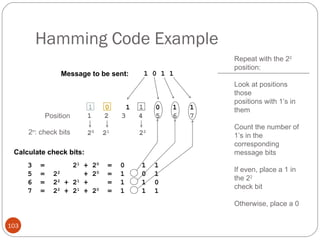 Hamming Code Example 1 0 Repeat with the 2 2  position: Look at positions those  positions with 1’s in them Count the number of 1’s in the corresponding message bits If even, place a 1 in the 2 2 check bit Otherwise, place a 0 1 Calculate check bits: 3  =  2 1  + 2 0   =  0  1  1 5  =  2 2   + 2 0   =  1  0  1 6  =  2 2  + 2 1  +  =  1  1  0 7  =  2 2  + 2 1  + 2 0   =  1  1  1 Message to be sent: 1 0 1 1 1  0  1  1 1  2  3  4  5  6  7 2 0   2 1   2 2 2 n : check bits Position 