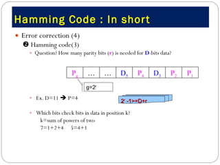 Hamming Code : In short  Error correction (4)     Hamming code(3) Question? How many parity bits ( r ) is needed for  D -bits data?  Ex. D=11    P=4 Which bits check bits in data in position k? k=sum of powers of two 7=1+2+4  5=4+1 g=2 r 2 r  -1>=D+r P 1 P 2 D 3 P 4 D 5 … … P g 