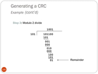 Generating a CRC Example   (cont’d) Step 2 :  Modulo 2 divide Remainder 101100 101 101 001 000 010 000 100 101 01 1001 