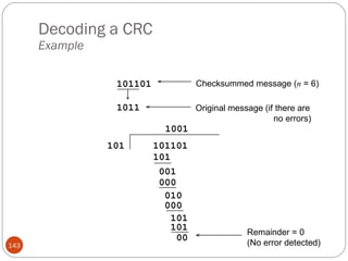 Decoding a CRC Example 101101 Checksummed message ( n  = 6) 1011 Original message (if there are no errors) Remainder = 0 (No error detected) 101101 101 101 001 000 010 000 101 101 00 1001 