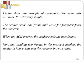11. Figure shows an example of communication using this protocol. It is still very simple.  The sender sends one frame and waits for feedback from the receiver.  When the ACK arrives, the sender sends the next frame.  Note that sending two frames in the protocol involves the sender in four events and the receiver in two events. Example  