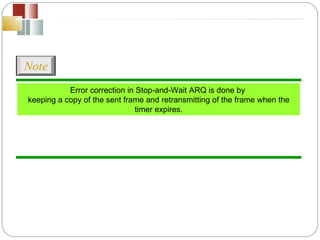 Error correction in Stop-and-Wait ARQ is done by  keeping a copy of the sent frame and retransmitting of the frame when the timer expires. Note 