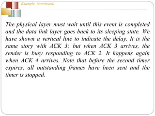 The physical layer must wait until this event is completed and the data link layer goes back to its sleeping state. We have shown a vertical line to indicate the delay. It is the same story with ACK 3; but when ACK 3 arrives, the sender is busy responding to ACK 2. It happens again when ACK 4 arrives. Note that before the second timer expires, all outstanding frames have been sent and the timer is stopped. Example  (continued) 