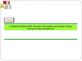 In Selective Repeat ARQ, the size of the sender and receiver window must be at most one-half of 2 m . Note 