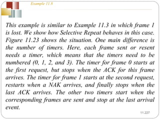 11. This example is similar to Example 11.3 in which frame 1 is lost. We show how Selective Repeat behaves in this case. Figure 11.23 shows the situation. One main difference is the number of timers. Here, each frame sent or resent needs a timer, which means that the timers need to be numbered (0, 1, 2, and 3). The timer for frame 0 starts at the first request, but stops when the ACK for this frame arrives. The timer for frame 1 starts at the second request, restarts when a NAK arrives, and finally stops when the last ACK arrives. The other two timers start when the corresponding frames are sent and stop at the last arrival event. Example 11.8 