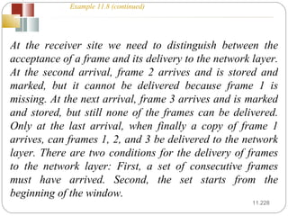 11. At the receiver site we need to distinguish between the acceptance of a frame and its delivery to the network layer. At the second arrival, frame 2 arrives and is stored and marked, but it cannot be delivered because frame 1 is missing. At the next arrival, frame 3 arrives and is marked and stored, but still none of the frames can be delivered. Only at the last arrival, when finally a copy of frame 1 arrives, can frames 1, 2, and 3 be delivered to the network layer. There are two conditions for the delivery of frames to the network layer: First, a set of consecutive frames must have arrived. Second, the set starts from the beginning of the window.  Example 11.8 (continued) 