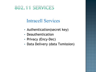 Authentication(secret key) Deauthentication Privacy (Ency-Dec) Data Delivery (data Txmission) Intracell Services 