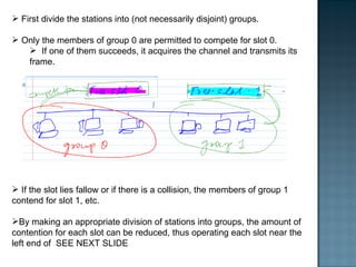 First divide the stations into (not necessarily disjoint) groups. Only the members of group 0 are permitted to compete for slot 0.  If one of them succeeds, it acquires the channel and transmits its frame.  If the slot lies fallow or if there is a collision, the members of group 1 contend for slot 1, etc.  By making an appropriate division of stations into groups, the amount of contention for each slot can be reduced, thus operating each slot near the left end of  SEE NEXT SLIDE 