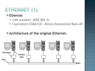 Ethernet  LAN standard  (IEEE 802.3)  1-persistent CSMA/CD + Binary Exponential Back-off  Architecture of the original Ethernet. 