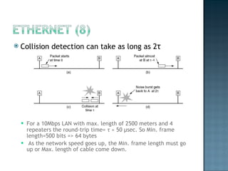 Collision detection can take as long as 2 τ   For a 10Mbps LAN with max. length of 2500 meters and 4 repeaters the round-trip time=  τ  ≈ 50  μ sec. So Min. frame length=500 bits => 64 bytes  As the network speed goes up, the Min. frame length must go up or Max. length of cable come down.  