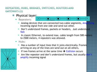 Physical layer:  Repeaters: Analog devices that are connected two cable segments,  Amplifying  incoming signal from one side and send out other. Don’t understand frames, packets or headers,  Just understand  Volt In classic Ethernet, to extend max. cable length from 500 meters to 2500 meters, 4 repeaters was allowed.  Hubs: Has a number of input lines that it joins electrically. Frames arriving on any of the lines are send out on all others.  If two frames arrive at the same time     Collision  occurs Are like repeater and don’t understand frames, but usually  don’t amplify  incoming signal  