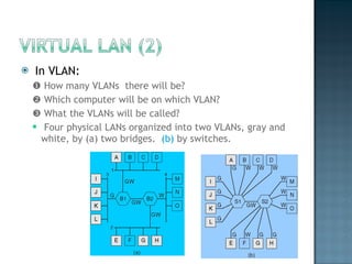 In VLAN:     How many VLANs  there will be?    Which computer will be on which VLAN?    What the VLANs will be called?  Four physical LANs organized into two VLANs, gray and white, by (a) two bridges.  (b)  by switches. 
