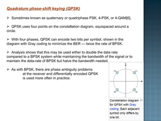 Quadrature phase-shift keying (QPSK) Sometimes known as quaternary or quadriphase PSK, 4-PSK, or 4-QAM[6],  QPSK uses four points on the constellation diagram, equispaced around a circle.  With four phases, QPSK can encode two bits per symbol, shown in the diagram with Gray coding to minimize the BER — twice the rate of BPSK.  Analysis shows that this may be used either to double the data rate compared to a BPSK system while maintaining the bandwidth of the signal or to maintain the data-rate of BPSK but halve the bandwidth needed. As with BPSK, there are phase ambiguity problems  at the receiver and differentially encoded QPSK  is used more often in practice. 