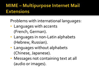 Problems with international languages: Languages with accents  (French, German). Languages in non-Latin alphabets  (Hebrew, Russian). Languages without alphabets  (Chinese, Japanese). Messages not containing text at all  (audio or images). 