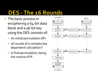 The basic process in enciphering a 64-bit data block and a 56-bit key using the DES consists of:  An initial permutation (IP)  16 rounds of a complex key dependent calculation f  A final permutation, being the inverse of IP  