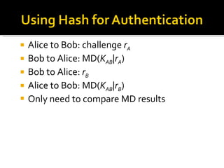 Alice to Bob: challenge  r A Bob to Alice: MD( K AB |r A ) Bob to Alice:  r B Alice to Bob: MD( K AB |r B ) Only need to compare MD results 