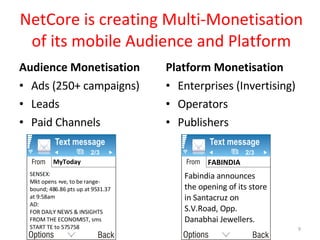 NetCore is creating Multi-Monetisation of its mobile Audience and Platform Audience Monetisation Ads (250+ campaigns) Leads Paid Channels Platform Monetisation Enterprises (Invertising) Operators  Publishers MyToday SENSEX: Mkt opens +ve, to be range-bound; 486.86 pts up at 9531.37 at 9:58am AD: FOR DAILY NEWS & INSIGHTS FROM THE ECONOMIST, sms START TE to 575758 FABINDIA Fabindia announces the opening of its store in Santacruz on S.V.Road, Opp. Danabhai Jewellers. 