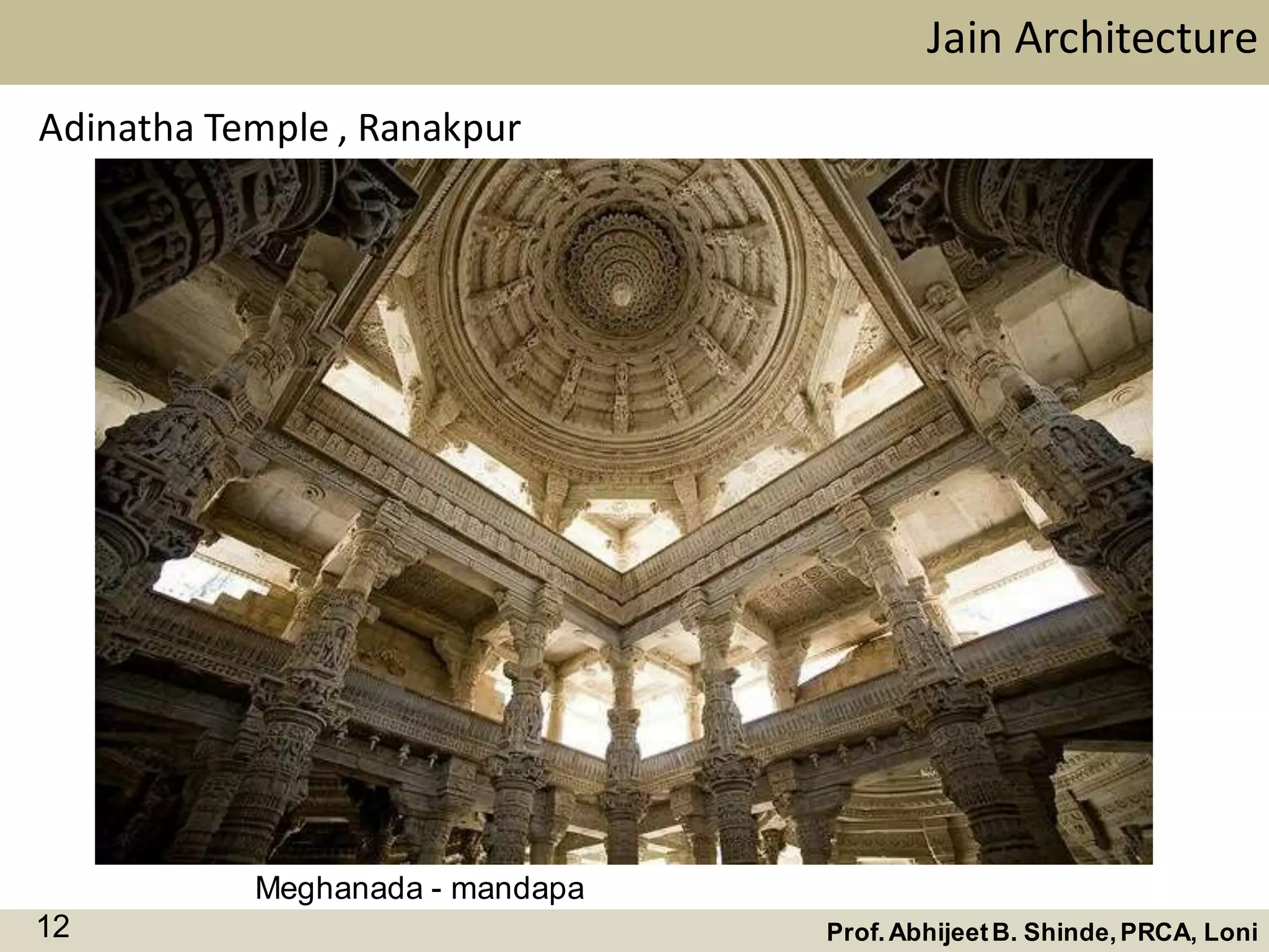 Jain Architecture
Prof.AbhijeetB. Shinde,PRCA, Loni12
Adinatha Temple , Ranakpur
Meghanada - mandapa
 