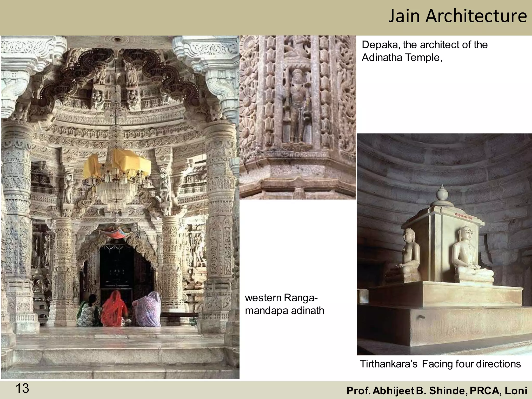 western Ranga-
mandapa adinath
Jain Architecture
Prof.AbhijeetB. Shinde,PRCA, Loni13
Depaka, the architect of the
Adinatha Temple,
Tirthankara’s Facing four directions
 