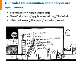 ¡  pymatgen (www.pymatgen.org)
¡  FireWorks (http://pythonhosted.org/FireWorks)
¡  others at www.github.com/materialsproject
 