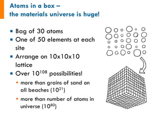 ¡  Bag of 30 atoms
¡  One of 50 elements at each
site
¡  Arrange on 10x10x10
lattice
¡  Over 10108 possibilities!
§  more than grains of sand on
all beaches (1021)
§  more than number of atoms in
universe (1080)
 