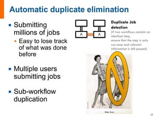¡ Submitting
millions of jobs
§ Easy to lose track
of what was done
before
¡ Multiple users
submitting jobs
¡ Sub-workflow
duplication
A A
Duplicate Job
detection
(if two workflows contain an
identical step,
ensure that the step is only
run once and relevant
information is still passed)
18
 