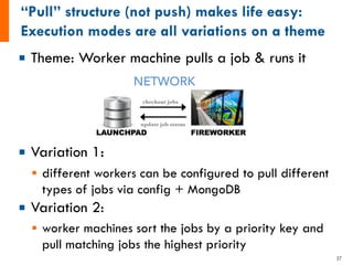 ¡ Theme: Worker machine pulls a job & runs it
¡ Variation 1:
§ different workers can be configured to pull different
types of jobs via config + MongoDB
¡ Variation 2:
§ worker machines sort the jobs by a priority key and
pull matching jobs the highest priority
37
 