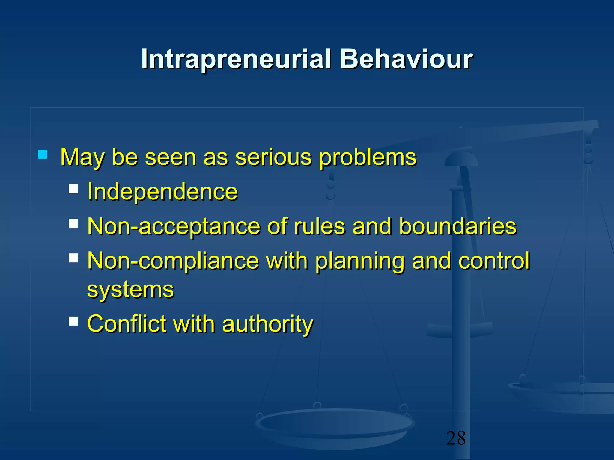 Intrapreneurial Behaviour


   May be seen as serious problems
     Independence

     Non-acceptance of rules and boundaries

     Non-compliance with planning and control

      systems
     Conflict with authority




                                      28
 