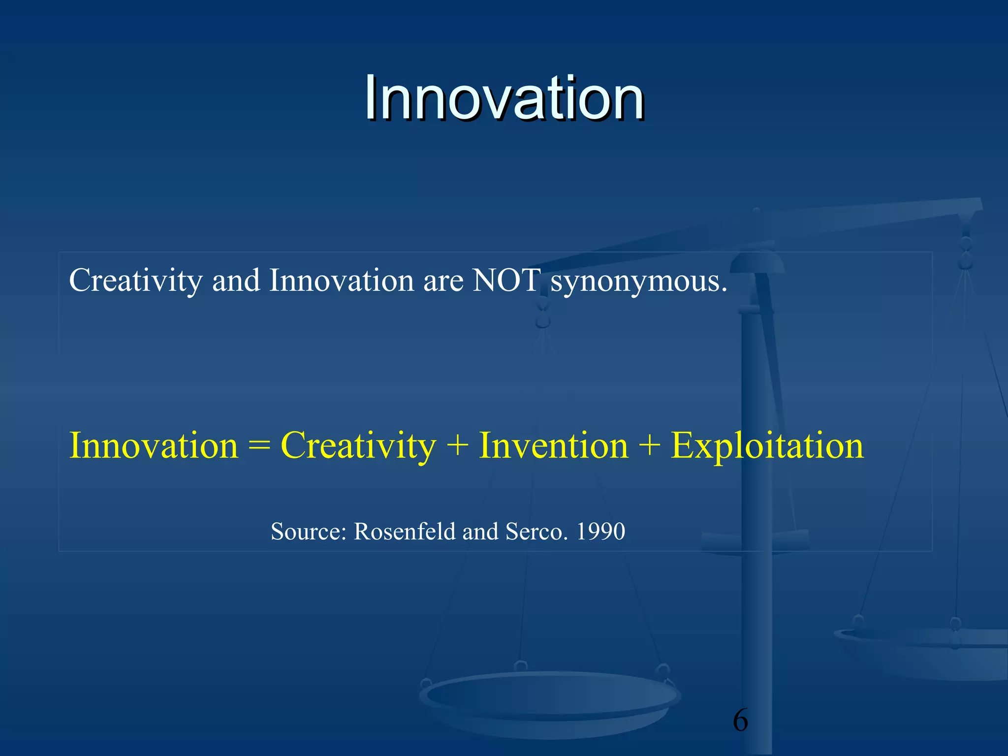 Innovation

Creativity and Innovation are NOT synonymous.



Innovation = Creativity + Invention + Exploitation

             Source: Rosenfeld and Serco. 1990




                                                 6
 
