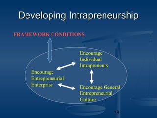 Developing Intrapreneurship
FRAMEWORK CONDITIONS


                       Encourage
                       Individual
                       Intrapreneurs
     Encourage
     Entrepreneurial
     Enterprise        Encourage General
                       Entrepreneurial
                       Culture

                                       29
 