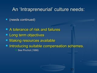 An ‘Intrapreneurial’ culture needs:
   (needs continued)

   A tolerance of risk and failures
   Long term objectives
   Making resources available
   Introducing suitable compensation schemes.
          See Pinchot (1986)




                                      33
 