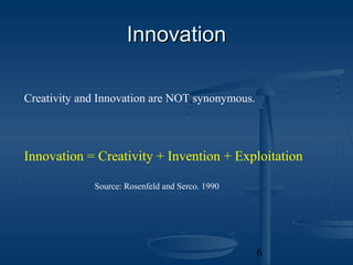 Innovation

Creativity and Innovation are NOT synonymous.



Innovation = Creativity + Invention + Exploitation

             Source: Rosenfeld and Serco. 1990




                                                 6
 