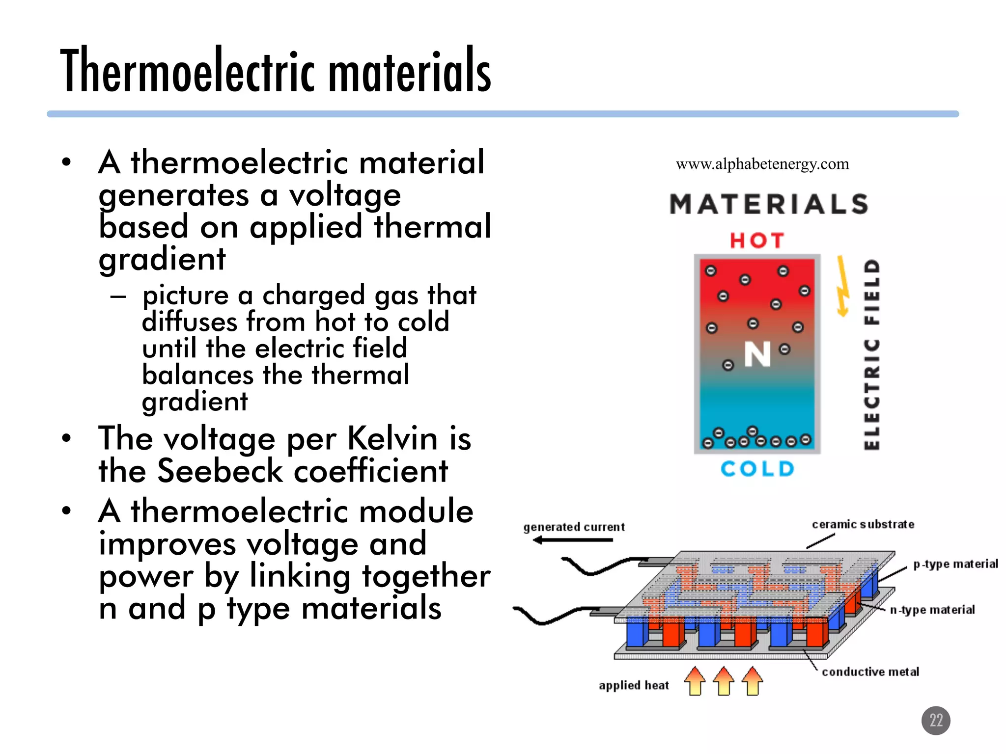 Thermoelectric materials
•  A thermoelectric material
generates a voltage
based on applied thermal
gradient
–  picture a charged gas that
diffuses from hot to cold
until the electric field
balances the thermal
gradient
•  The voltage per Kelvin is
the Seebeck coefficient
•  A thermoelectric module
improves voltage and
power by linking together
n and p type materials
22
www.alphabetenergy.com
 