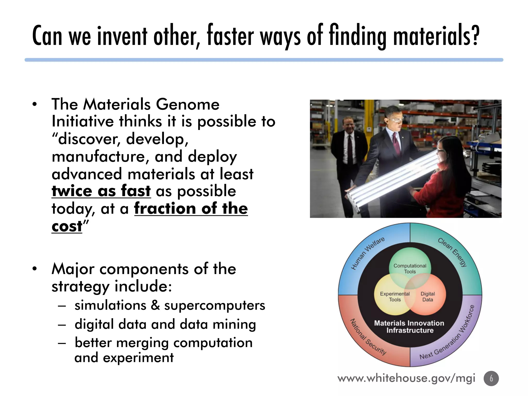 Can we invent other, faster ways of ﬁnding materials?
•  The Materials Genome
Initiative thinks it is possible to
“discover, develop,
manufacture, and deploy
advanced materials at least
twice as fast as possible
today, at a fraction of the
cost”
•  Major components of the
strategy include:
–  simulations & supercomputers
–  digital data and data mining
–  better merging computation
and experiment
6
www.whitehouse.gov/mgi
 