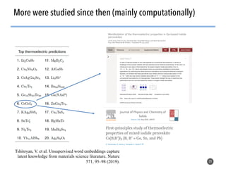 39
More were studied since then (mainly computationally)
Tshitoyan, V. et al. Unsupervised word embeddings capture
latent knowledge from materials science literature. Nature
571, 95–98 (2019).
 