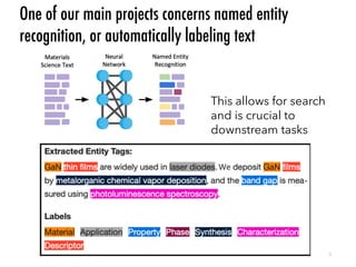 One of our main projects concerns named entity
recognition, or automatically labeling text
9
This allows for search
and is crucial to
downstream tasks
 